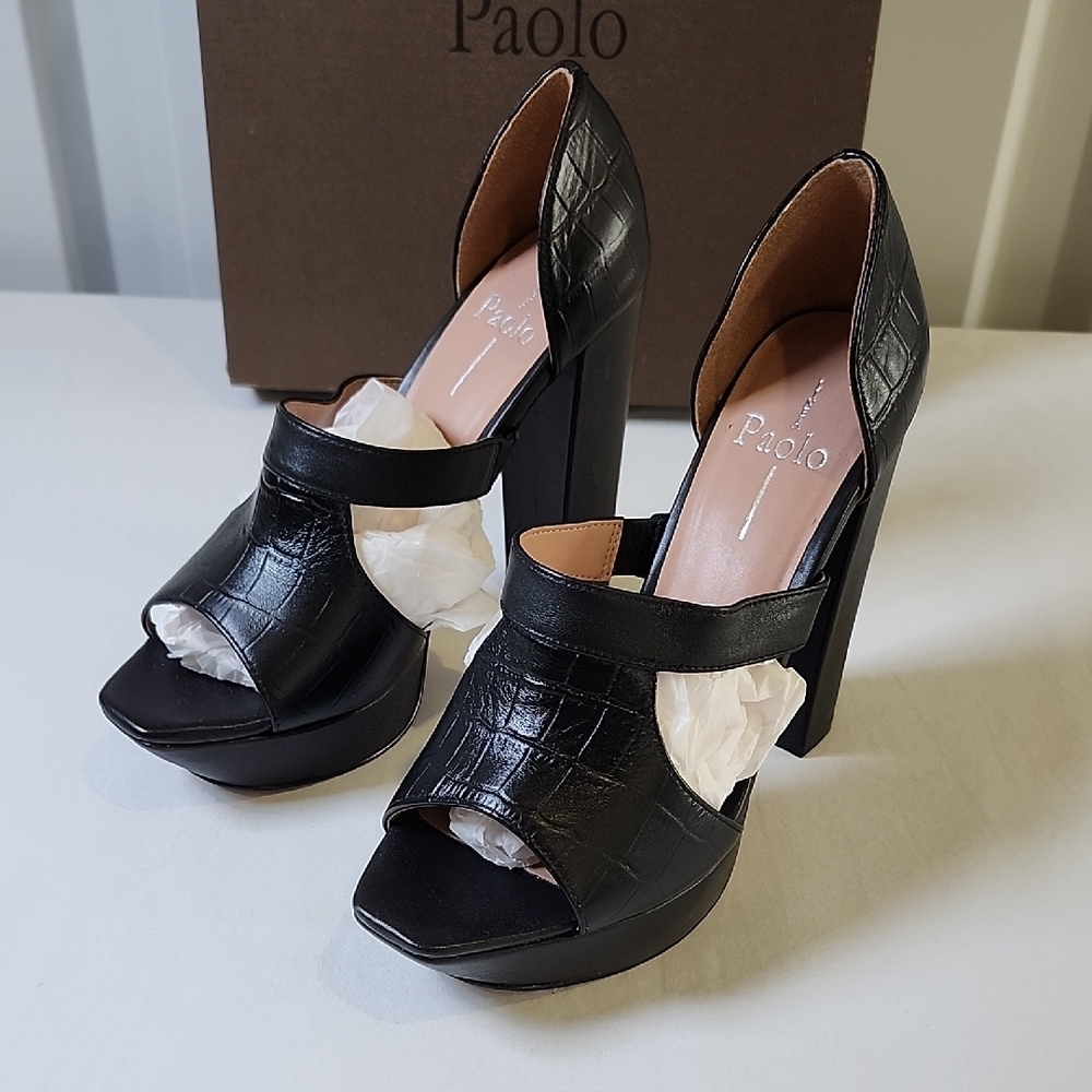 Paolo Black Croc-Embossed Women's Ileana Open Toe Platform Heels Size 6.5